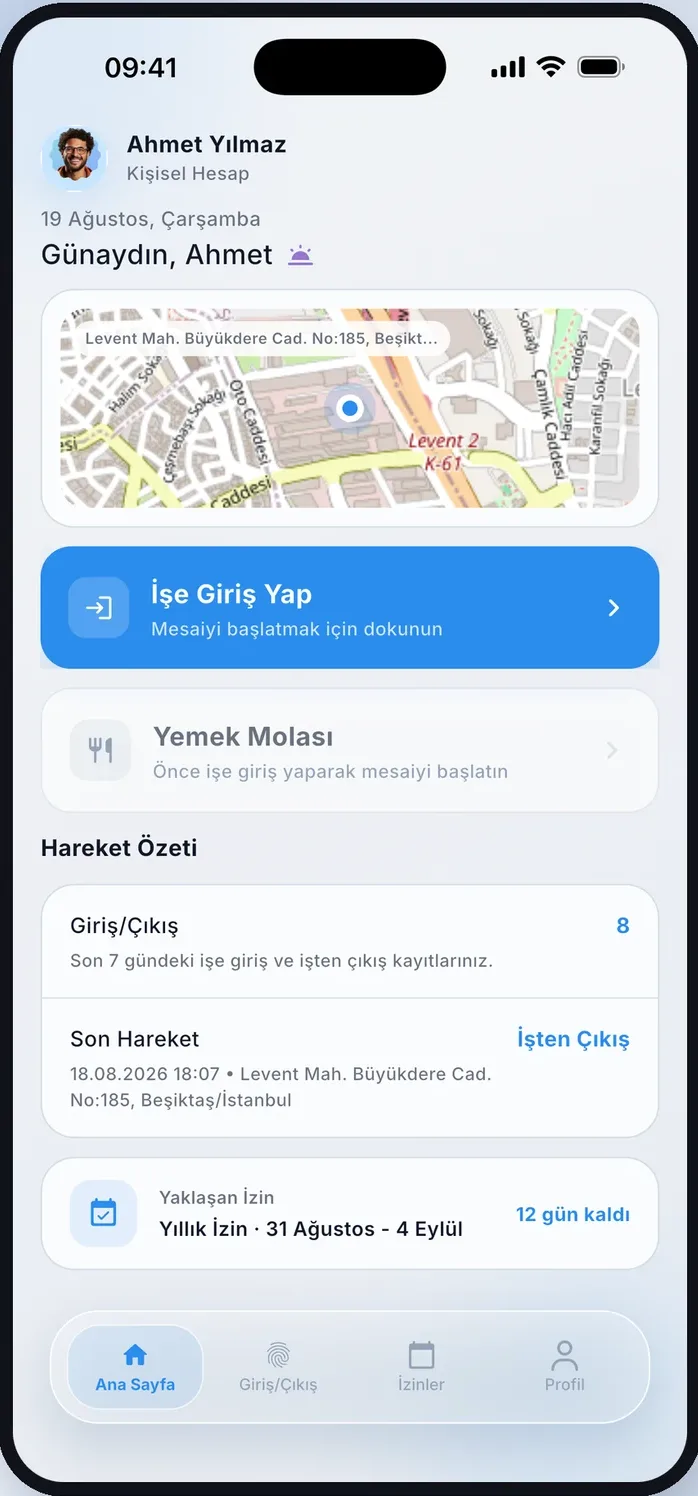 PDKS Pro mobil uygulaması ana ekranı ile tek dokunuşla giriş-çıkış ve mola takibi