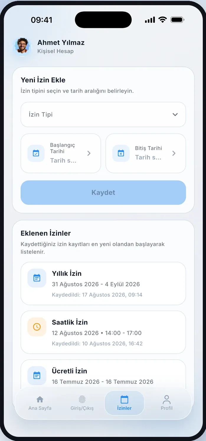 PDKS Pro mobil uygulaması izin yönetimi ekranı